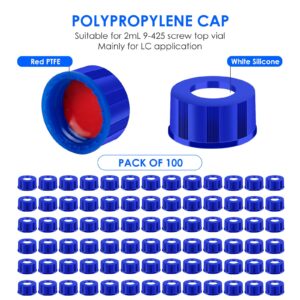 2ml Autosampler Vials, 9-425 HPLC vials, 2ml Clear Vials with Screw Caps, Red PTFE & White Silicone Septa, 100 Pacs PTFE Vials