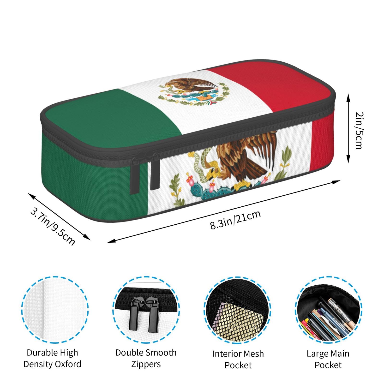 QASNLU Flag of Mexico print Compartment pencil case,Big Capacity Zipper Cases Office Stationery Makeup Bag,, Black