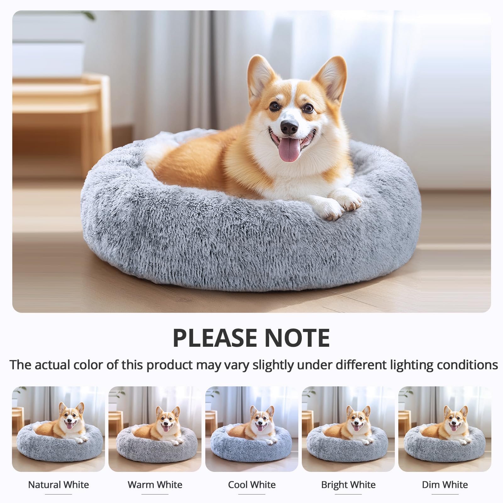 JOLLYVOGUE Donut Dog Bed, Comfort Round Dog Bed, Anti-Anxiety Calming Cuddler Dog & Cat Bed, Fluffy Faux Fur Cushion Bed for Small Medium Dogs and Cats, 20"