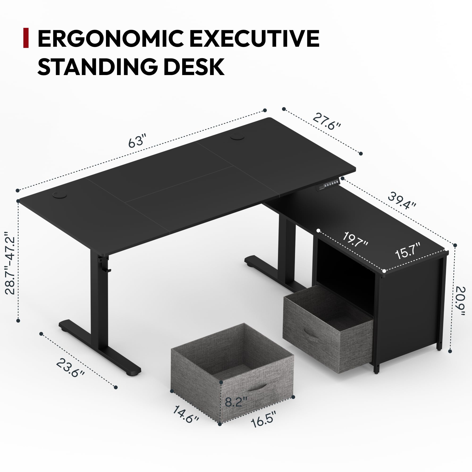 SANODESK 63'' L Shaped Standing Desk with 2-Drawer File Cabinet, Electric Height Adjustable Stand up Desk w/USB Charge Ports, Home Office Modern Wood Computer Desk with Shelves,Black Frame/Black Top