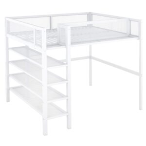 Bellemave Full Size Loft Bed with 4-Tier Shelves and Storage, Metal Loft Bed with Bookshelf, Full Size Loft Bed with Storage Stairs(White)