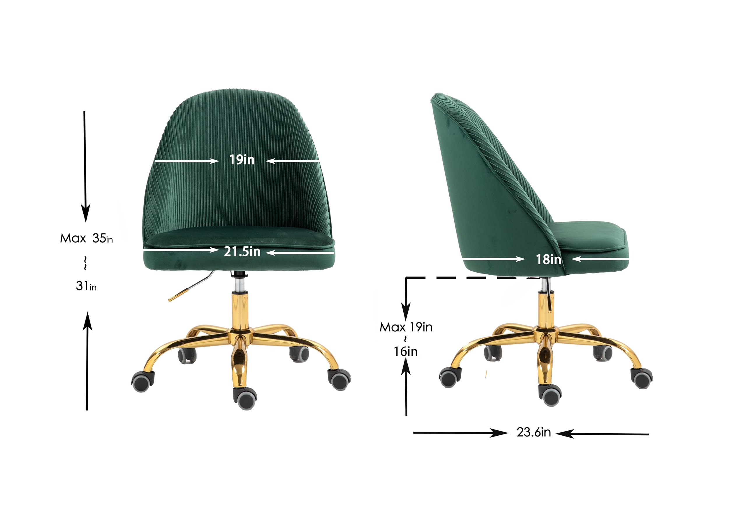 ZOBIDO Comfy Home Office Task Chair with Wheels, Cute Modern Upholstered Velvet Seashell Back Adjustable Swivel Vanity Desk Chair, for Women, for Kids, for Girls, Living Room, Bedroom（Green）