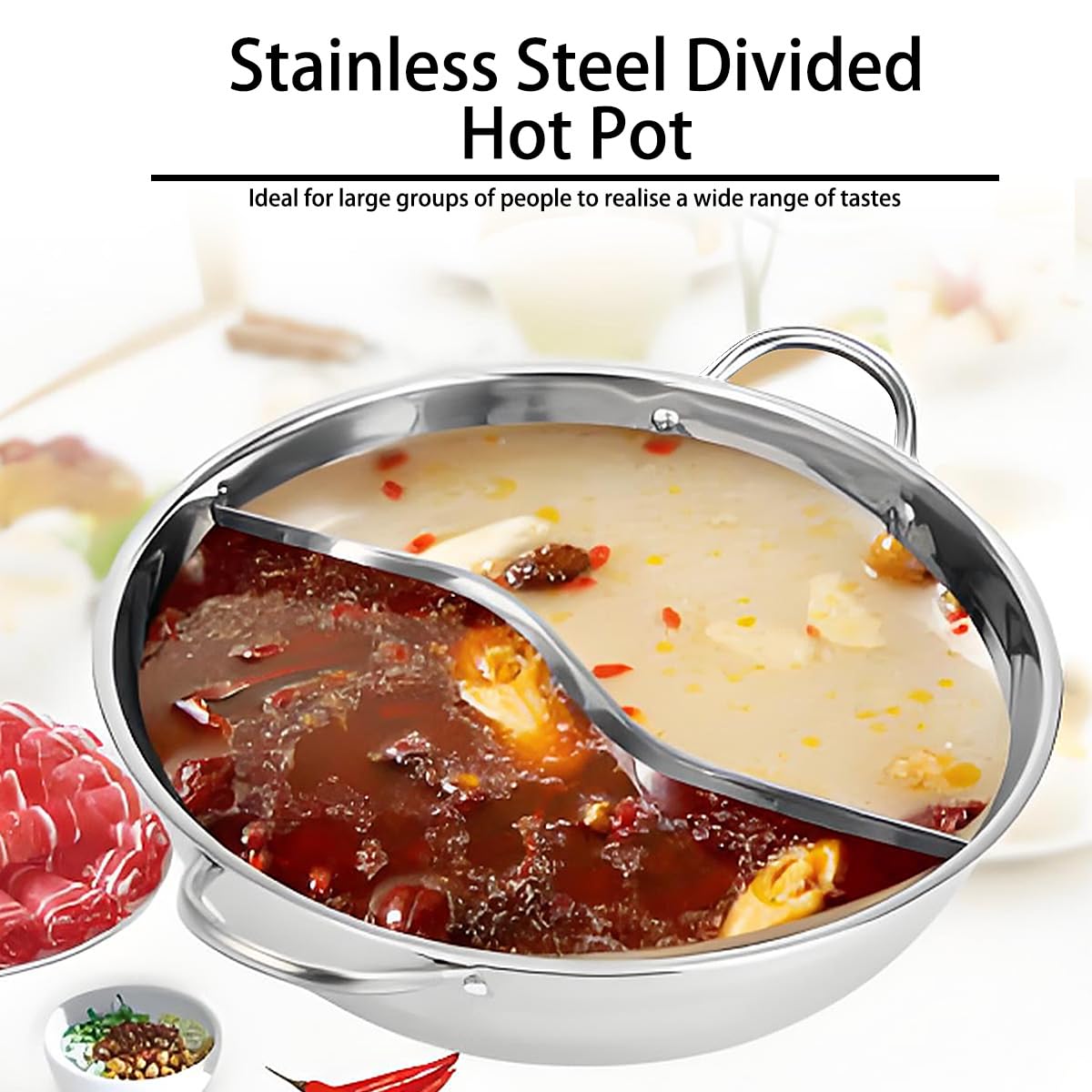 Stainless Steel Shabu Hot Pot 11.8Inch Divided Hot Pot Pan,Dual Sided Soup Cookware Cooking Pot with Divider Induction Cooktop Gas Stove