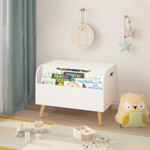 wooden toy box, kids toy storage organizer with front bookshelf, flip-top lid, safety hinge, boys girls toy chest bench for playroom kids room organization (white)