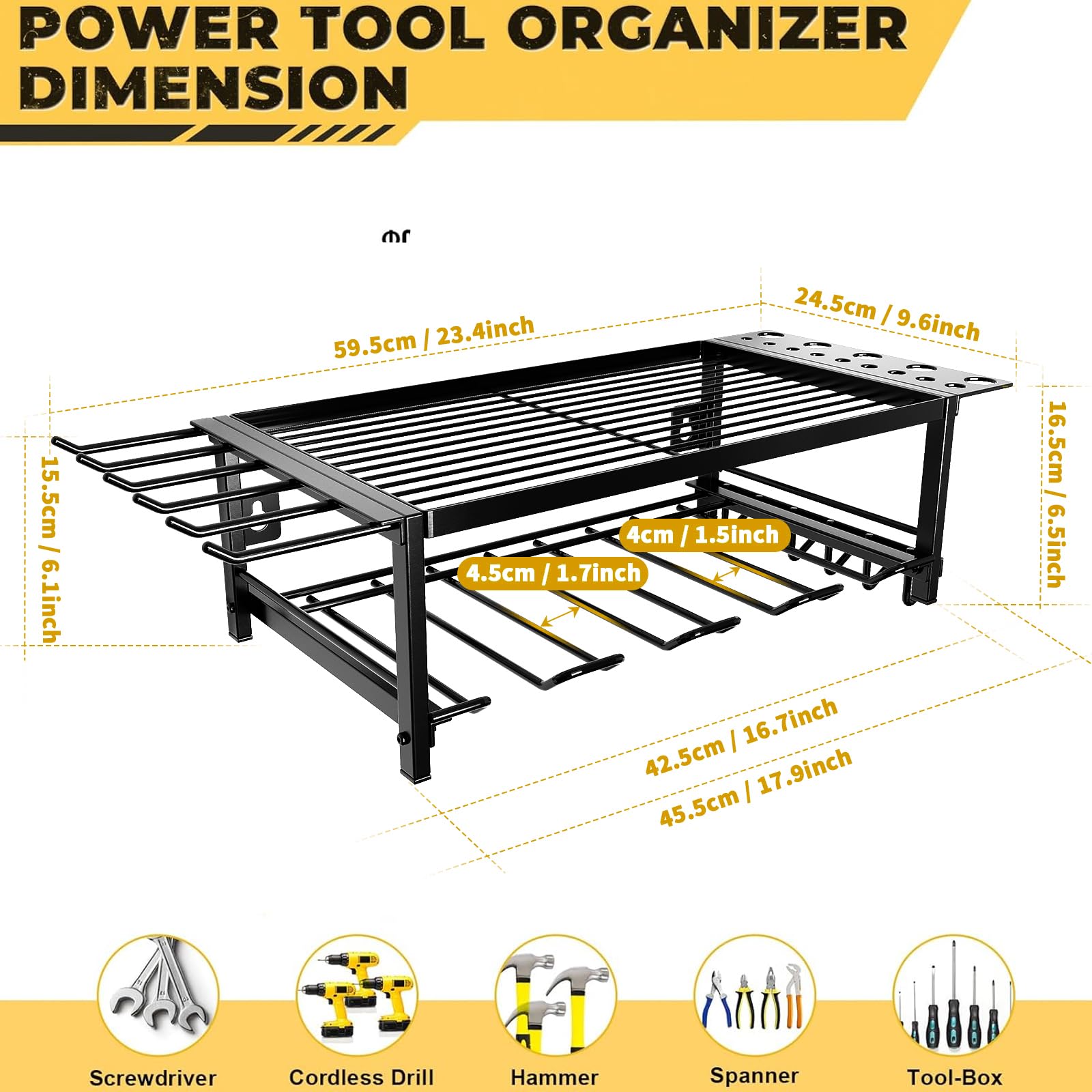 Power Tool Organizer, Garage shelving 2 Layers Garage Tool Organizers 4 Drill Holder Wall Mount, and Heavy Duty Metal Tool Shelf with Screwdriver Holder/Plier Holder/Hammer Holder (Black, 2_Layer)