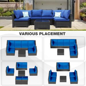 Peacabo 7 Pieces Outdoor Rattan Wicker Patio Conversation Set with Coffee Table, Armless Sofa, and Corner Sofa, Cushions Included, Outdoor Sectional Patio Furniture Set, Coffee/Blue