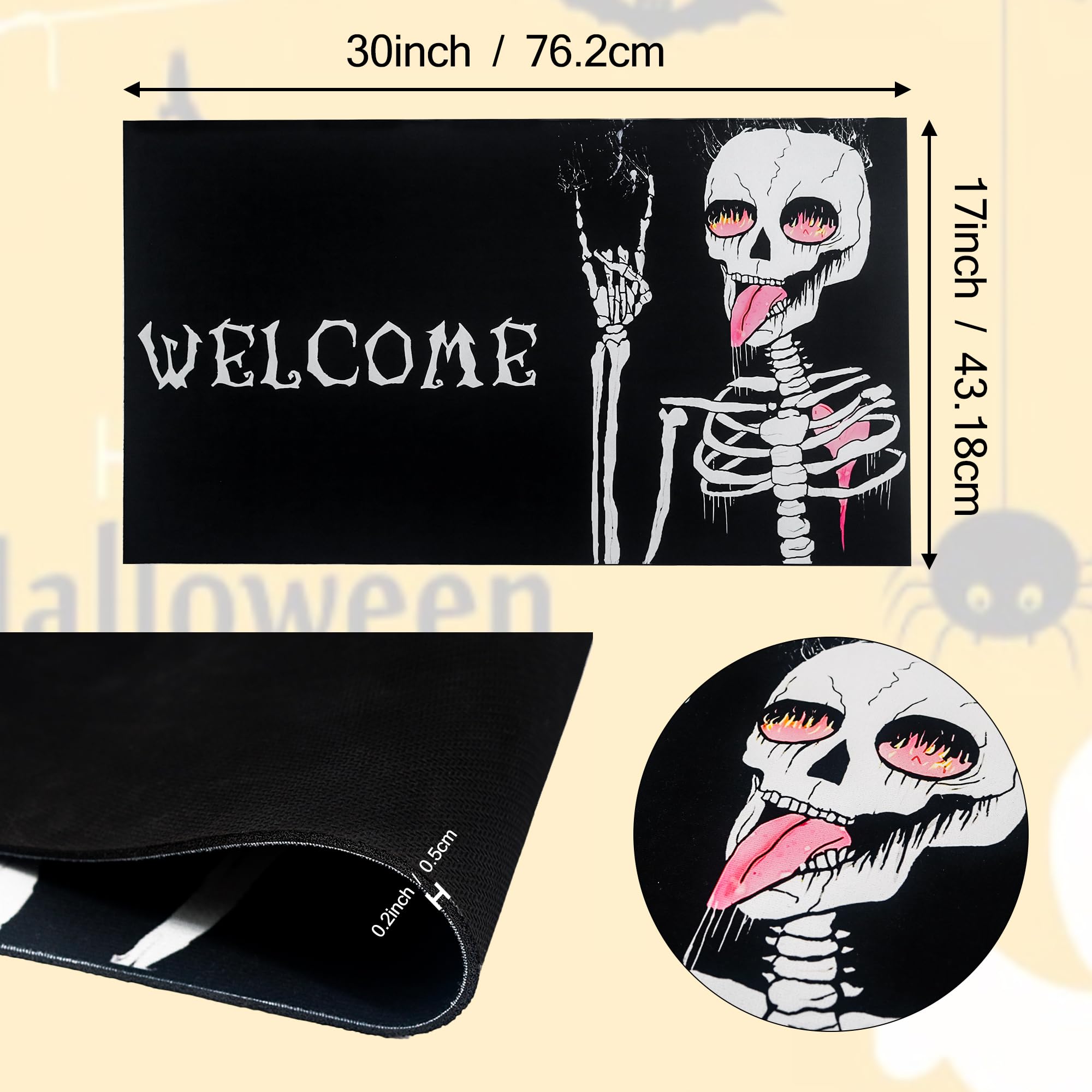 FramePro Halloween Rugs Door Mat Funny Skull Decor Welcome Mat Non Slip Indoor Outdoor Skull Rug Halloween Party Decor 17" X30"