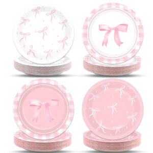 48pcs pink bow party supplies bow birthday party plates 7” pink bow party decor for girl bachelorette bridal engagement baby shower coquette cute tableware dinnerware party favor for 48 guests