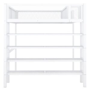 Bellemave Full Size Loft Bed with 4-Tier Shelves and Storage, Metal Loft Bed with Bookshelf, Full Size Loft Bed with Storage Stairs(White)