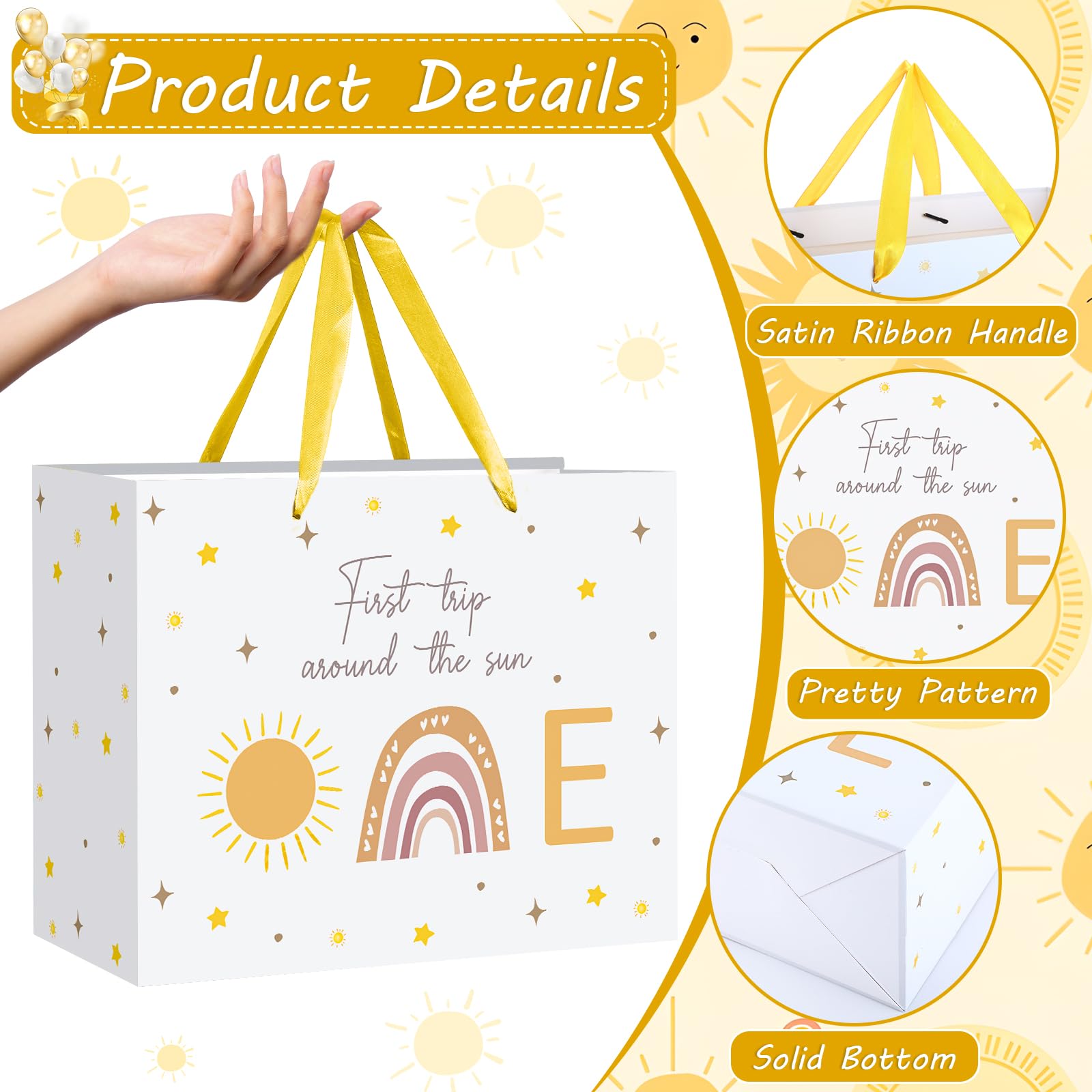 Baby 1st Birthday Gift Bag First Trip Around The Sun Gift Bag with Greeting Card Tissue Papers Boho Sun Rainbow Wrapping Paper Bag for Newborn Baby Shower Christmas Gifts Birthday Party Supplies