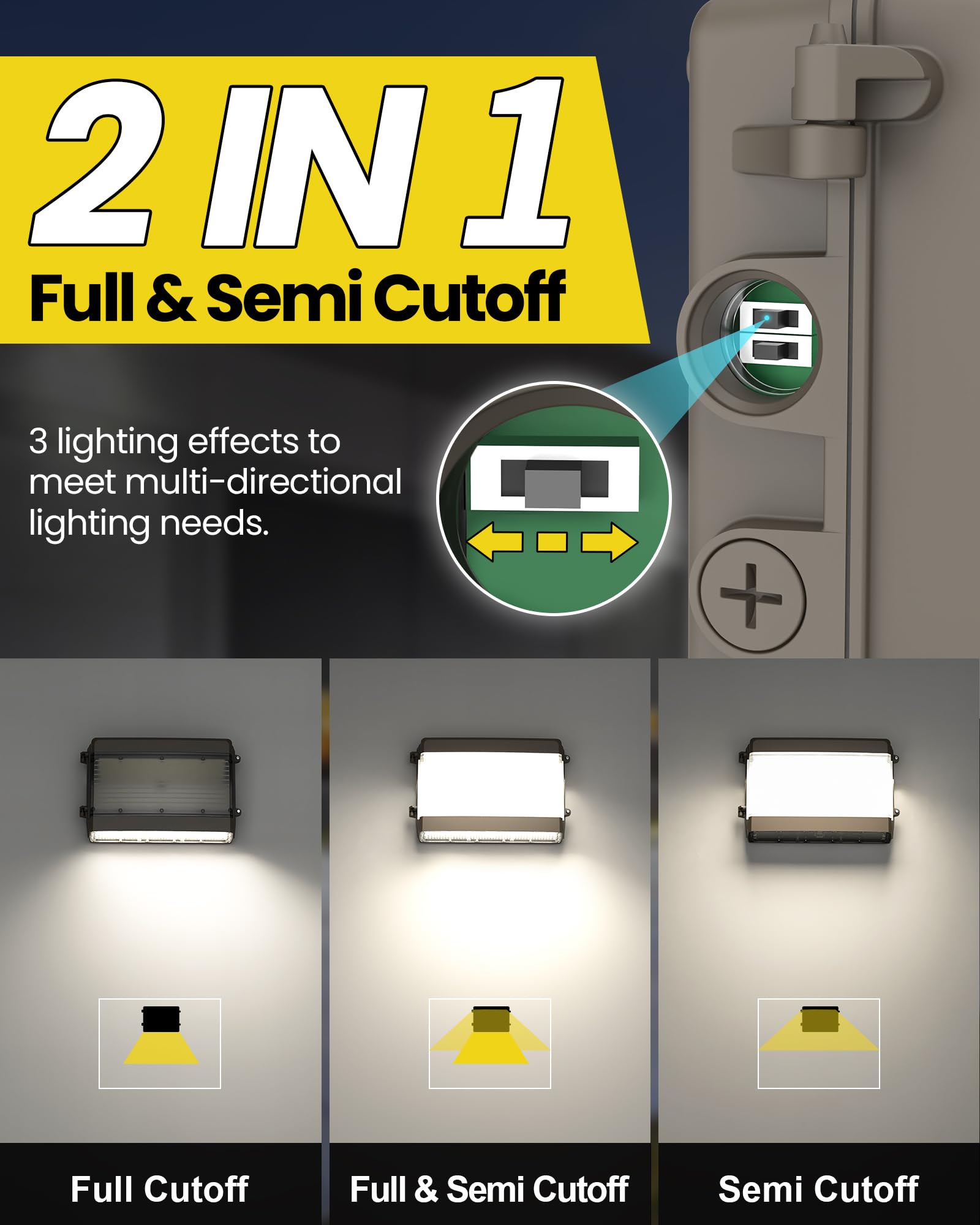 YARBO 2-in-1 Full & Semi Cutoff LED Wall Pack, 150W 120W 100W & 3000K 4000K 5000K Selectable, Timer Dimming & Photocell Wall Pack LED Exterior Light, 22500LM AC100-277V ETL Listed LED Wall Pack Light