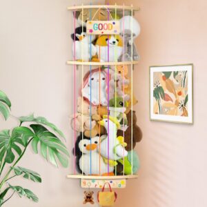 diteryy stuffed animal storage wood plush toys hanging organizer length adjustable stuffed animal holder with moon star pattern kids toy shelf large toy storage for nursery playroom bedroom furniture