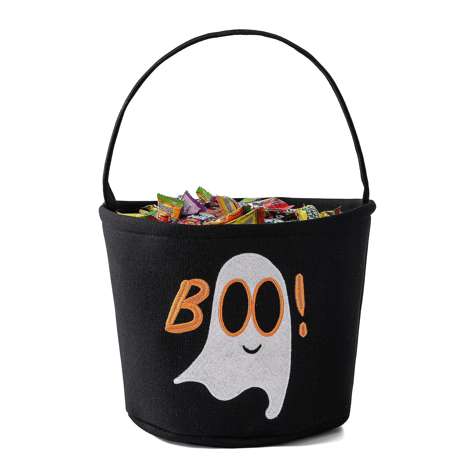 Halloween Bucket Halloween Basket for Kids, Trick or Treat Bags with Embroidery Foldable Halloween Candy Bucket Pumpkin Bucket Candies Basket with Handle for Halloween Party Decorations, (Black)