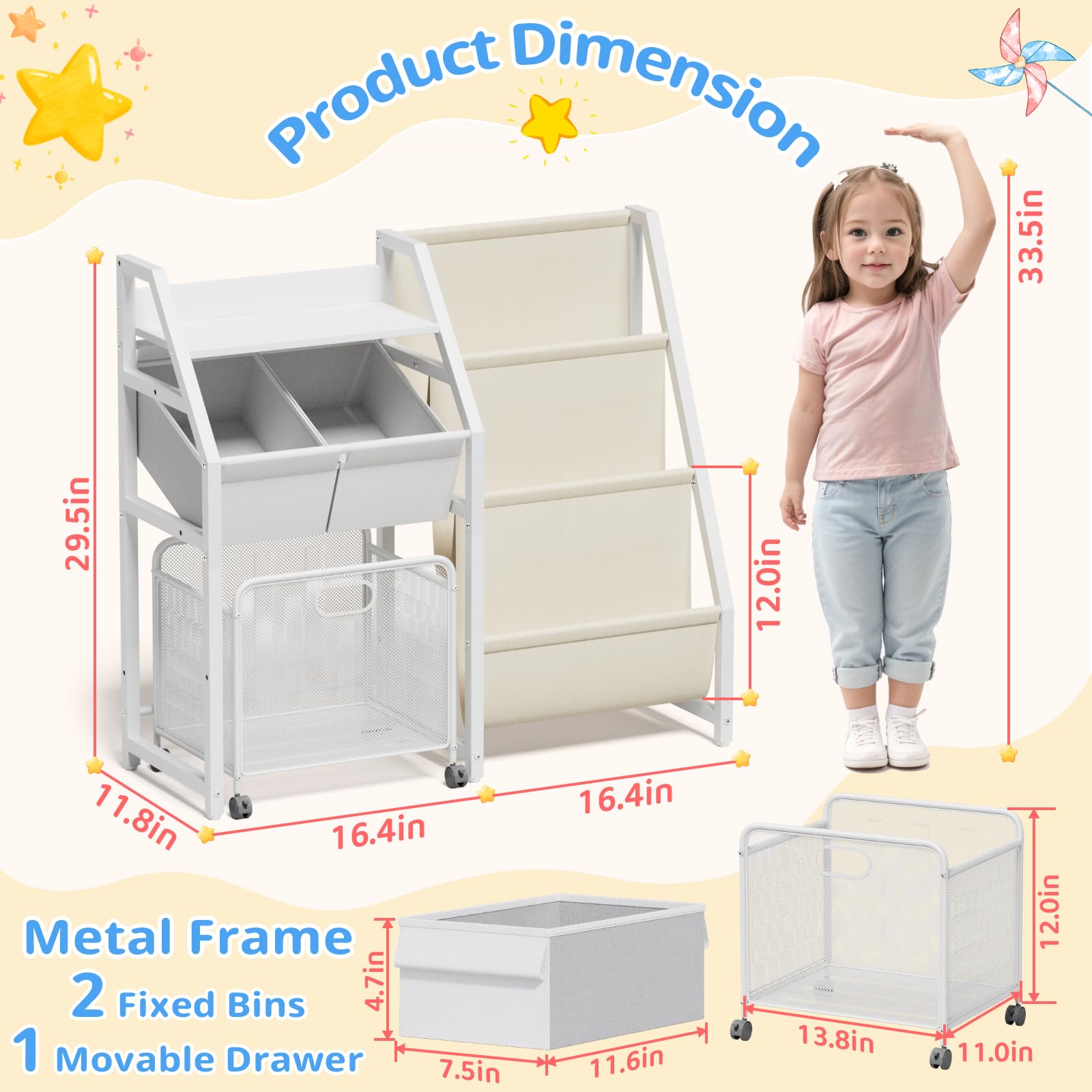 Kids Bookshelf and Toy Storage Organizer - 3 Tier Book Shelf for Kids Rooms with Movable Drawer, Kids Bookcase with 2 Toy Bins, Toddler Baby Childrens Bookshelf, for Bedroom Playroom Classroom (White)