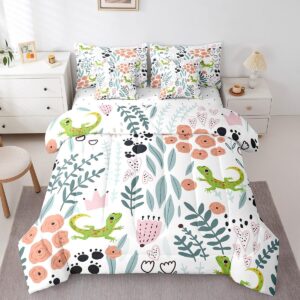 erosebridal reptile kids comforter set twin 7 piece lizard gecko print bed in a bag wildlife animal room decor,green leaf pink flowers bedding set with fitted sheet,flat sheet,pillow cases & covers