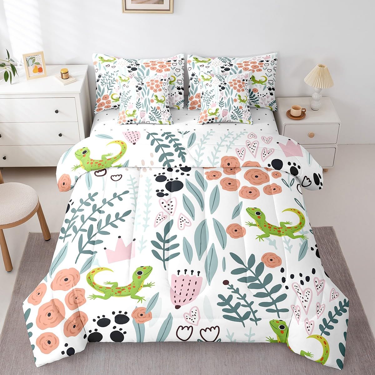 Erosebridal Reptile Kids Comforter Set Twin 7 Piece Lizard Gecko Print Bed in a Bag Wildlife Animal Room Decor,Green Leaf Pink Flowers Bedding Set with Fitted Sheet,Flat Sheet,Pillow Cases & Covers