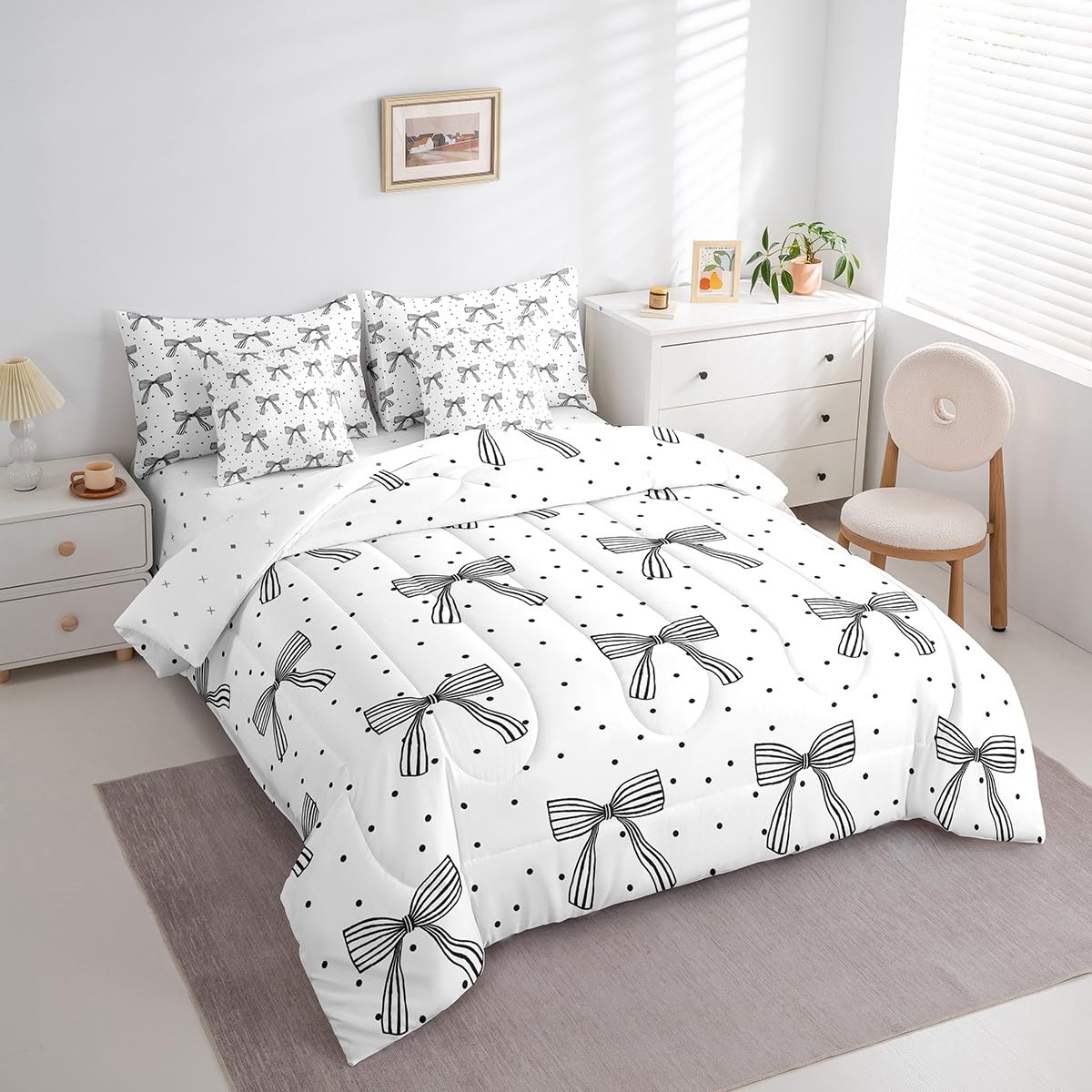 7 Pieces Cute Bowknot Girlish Comforter Full Size,Cartoon Bow-tie Princess Bedding Set,Geometric Dots Zebra Stripes Black White Simple（Comforter+Fitted+Flat Sheet+2 Pillowcases+2 Throw Pillow Covers）