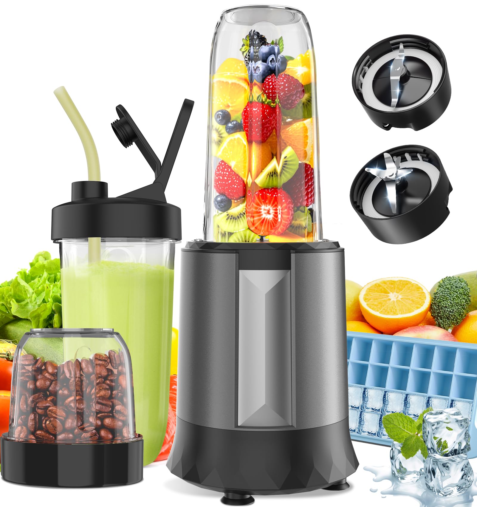 Smoothie Blender, 1300 W Upgraded Compact Personal Blender for Shakes and Smoothies, Juice, Frozen Drinks, Sauces & More, Smoothies Maker with 2 * 32 Oz To-Go Cups, 2*Spout-Lids