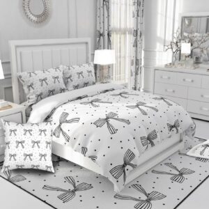 7 Pieces Cute Bowknot Girlish Comforter Full Size,Cartoon Bow-tie Princess Bedding Set,Geometric Dots Zebra Stripes Black White Simple（Comforter+Fitted+Flat Sheet+2 Pillowcases+2 Throw Pillow Covers）