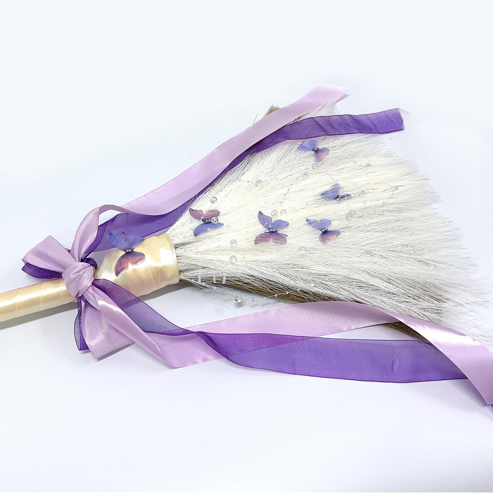 Wedding Broom Jumping Broom for Wedding Ceremony 28 inch Tall Whisk Brooms with Straw White Pampas Grass, Purple Butterfly/Ribbons （Finish Product）