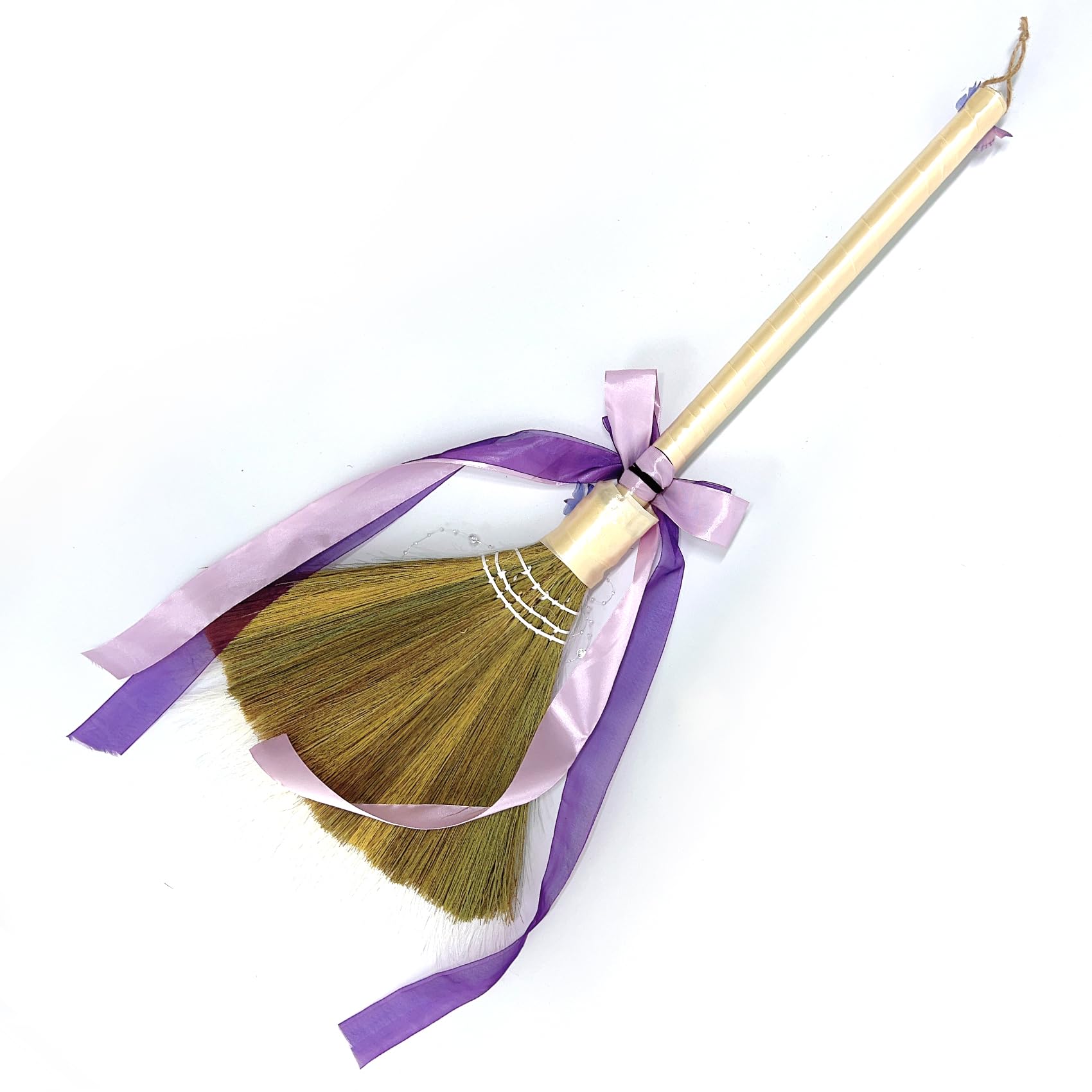 Wedding Broom Jumping Broom for Wedding Ceremony 28 inch Tall Whisk Brooms with Straw White Pampas Grass, Purple Butterfly/Ribbons （Finish Product）