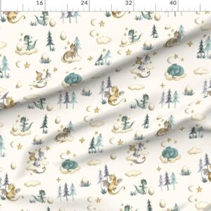 Spoonflower Fabric - Baby Dragon Whimsical Fun Cute Happy Cheerful Fantasy Mythical Beige Printed on Polartec(R) Fleece Fabric by The Yard - Sewing Blankets Loungewear and No-Sew