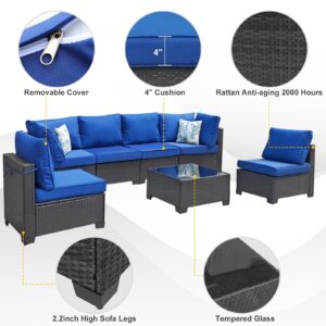 Peacabo 7 Pieces Outdoor Rattan Wicker Patio Conversation Set with Coffee Table, Armless Sofa, and Corner Sofa, Cushions Included, Outdoor Sectional Patio Furniture Set, Coffee/Blue