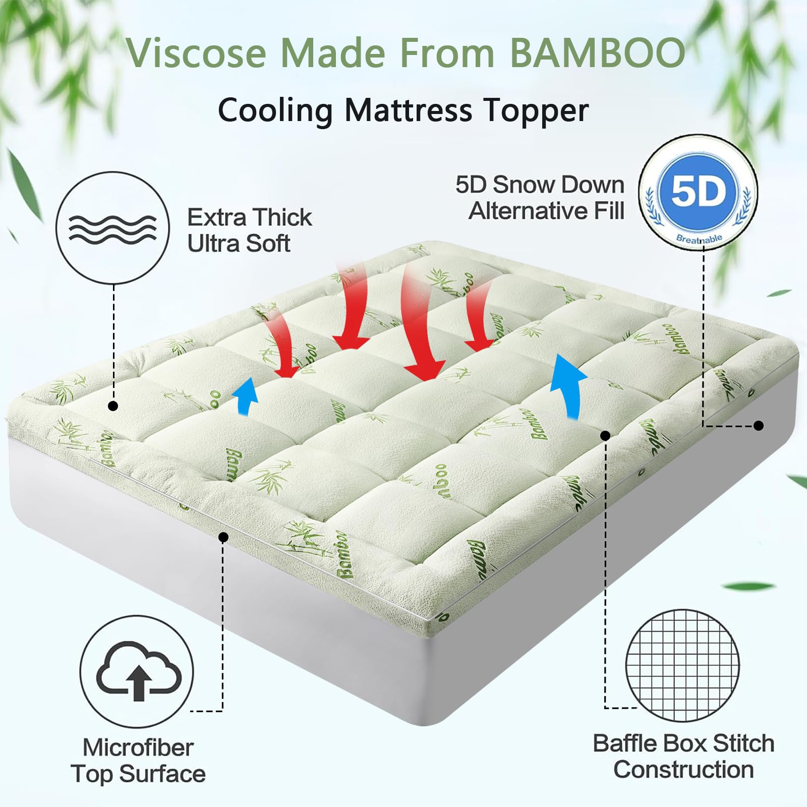 PATSBA King Mattress Topper for Back Pain, Extra Thick Quilted Fitted Viscose Made from Bamboo Mattress Pad Pillow Top Mattress Cover with Deep Pocket Up to 21 Inches（78 * 80 inch）, White