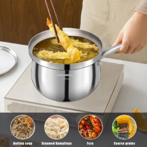 2.3 Quart Stainless Steel Saucepan with Steamer Basket，Tri-ply Construction，Multi-functional Sauce Pan Set with Lid，Small Sauce Pots Cooking for Pasta，Gravies，Noodles，Vegetable