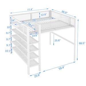 Bellemave Full Size Loft Bed with 4-Tier Shelves and Storage, Metal Loft Bed with Bookshelf, Full Size Loft Bed with Storage Stairs(White)