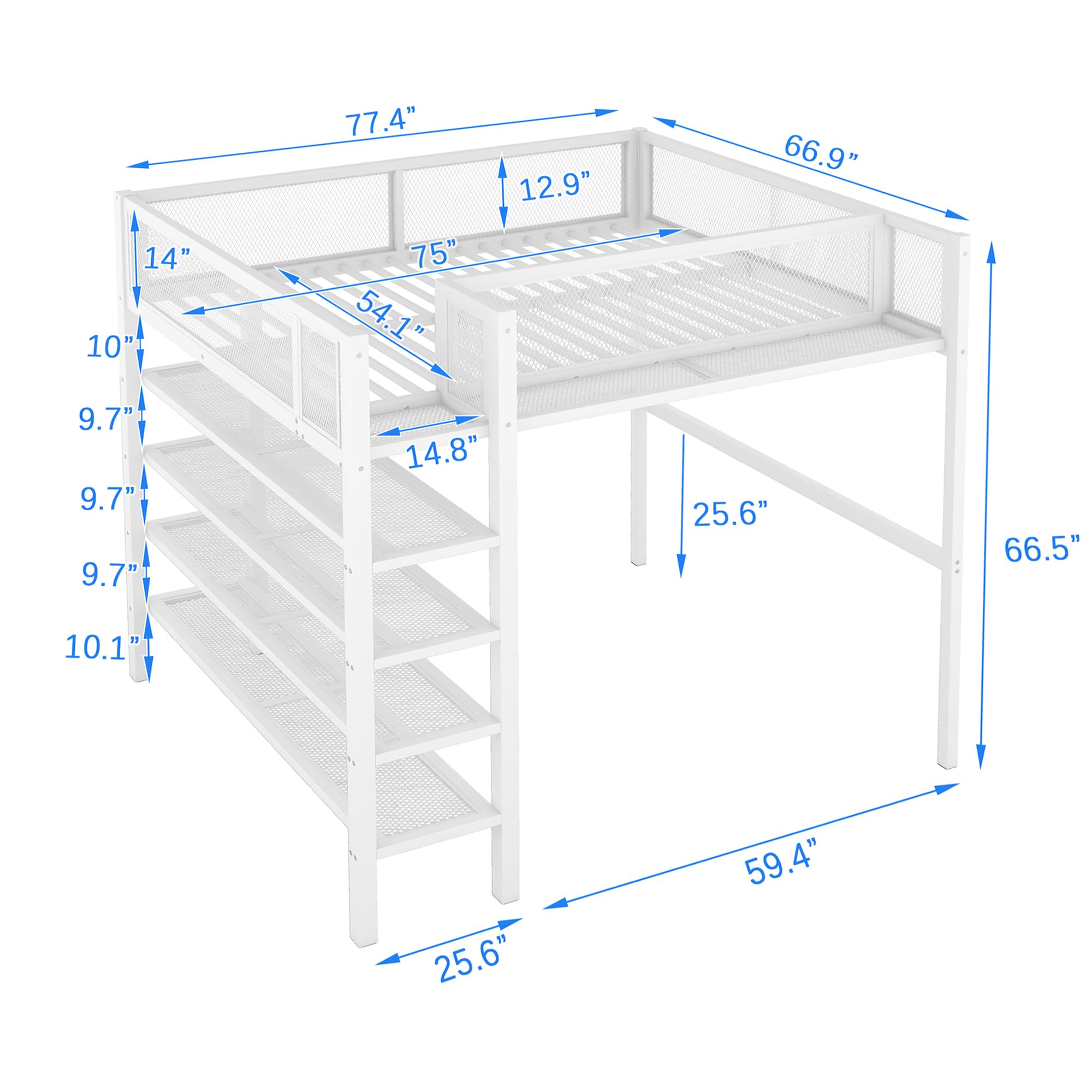 Bellemave Full Size Loft Bed with 4-Tier Shelves and Storage, Metal Loft Bed with Bookshelf, Full Size Loft Bed with Storage Stairs(White)