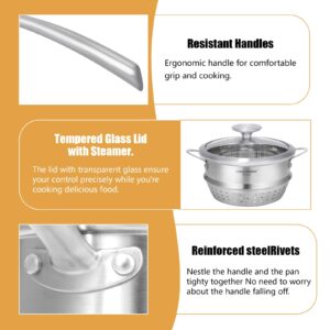 2.3 Quart Stainless Steel Saucepan with Steamer Basket，Tri-ply Construction，Multi-functional Sauce Pan Set with Lid，Small Sauce Pots Cooking for Pasta，Gravies，Noodles，Vegetable