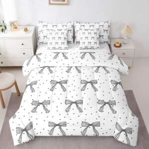 7 Pieces Cute Bowknot Girlish Comforter Full Size,Cartoon Bow-tie Princess Bedding Set,Geometric Dots Zebra Stripes Black White Simple（Comforter+Fitted+Flat Sheet+2 Pillowcases+2 Throw Pillow Covers）