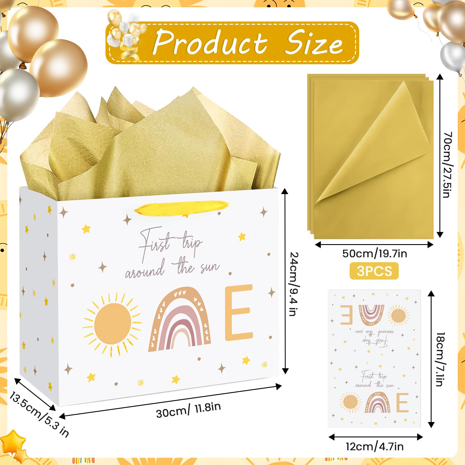 Baby 1st Birthday Gift Bag First Trip Around The Sun Gift Bag with Greeting Card Tissue Papers Boho Sun Rainbow Wrapping Paper Bag for Newborn Baby Shower Christmas Gifts Birthday Party Supplies