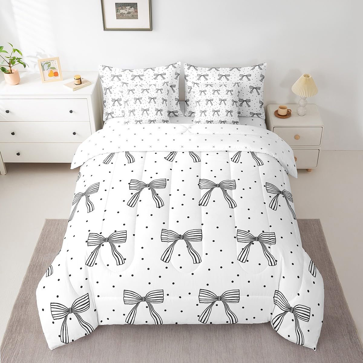 7 Pieces Cute Bowknot Girlish Comforter Full Size,Cartoon Bow-tie Princess Bedding Set,Geometric Dots Zebra Stripes Black White Simple（Comforter+Fitted+Flat Sheet+2 Pillowcases+2 Throw Pillow Covers）