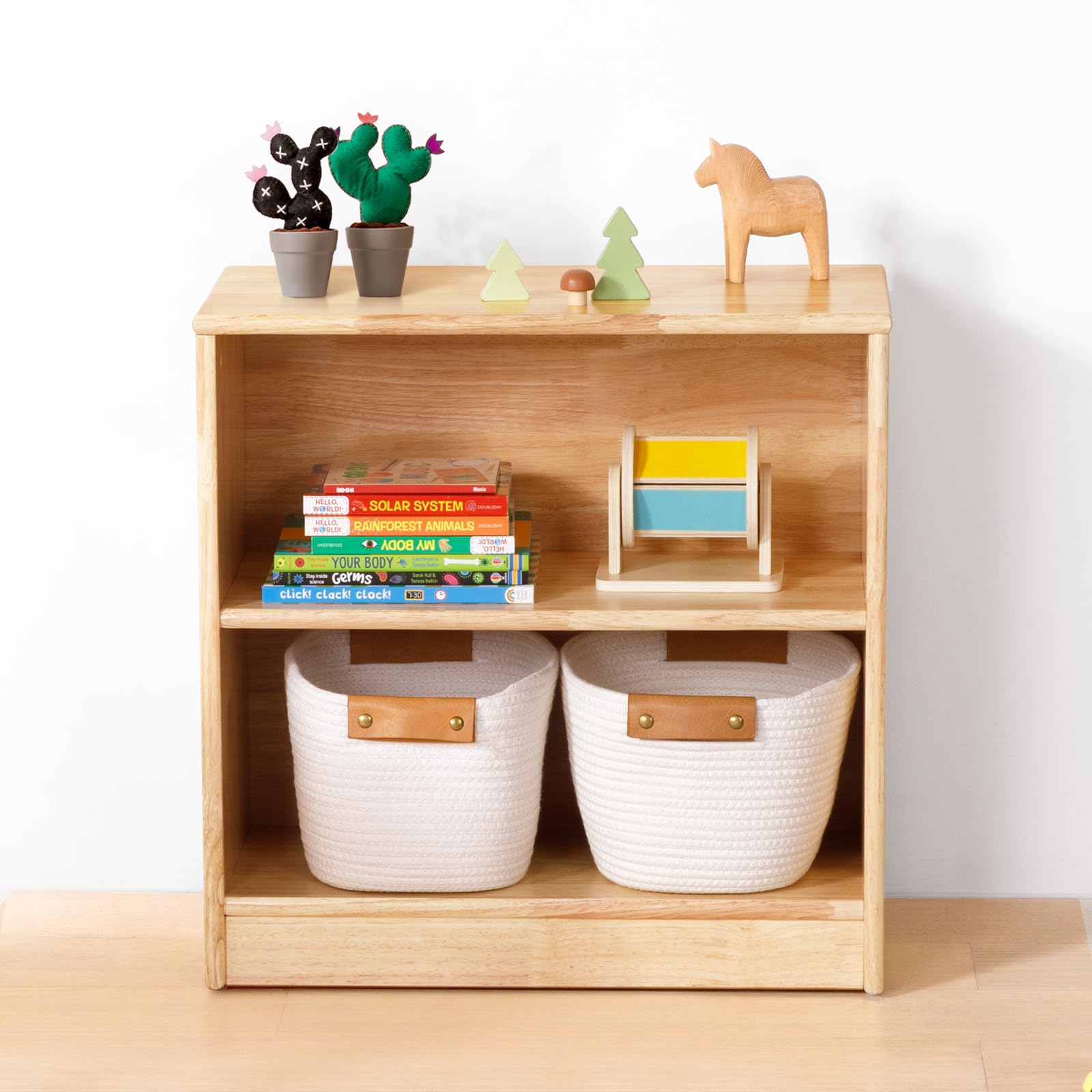 OOOK Rubber Wood Montessori Shelf and Toy Storage, 23.6" L, Compact Toddler Bookshelf for Small Space, Solid Wood Storage Cabinet Shelves for Classroom, Kindergarten, Kids Room, Playroom.