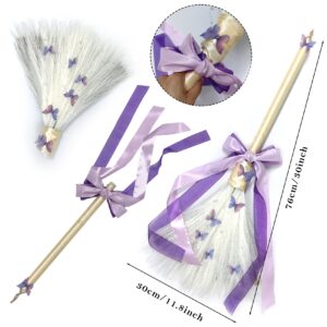 Wedding Broom Jumping Broom for Wedding Ceremony 28 inch Tall Whisk Brooms with Straw White Pampas Grass, Purple Butterfly/Ribbons （Finish Product）