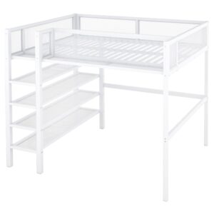 Bellemave Full Size Loft Bed with 4-Tier Shelves and Storage, Metal Loft Bed with Bookshelf, Full Size Loft Bed with Storage Stairs(White)