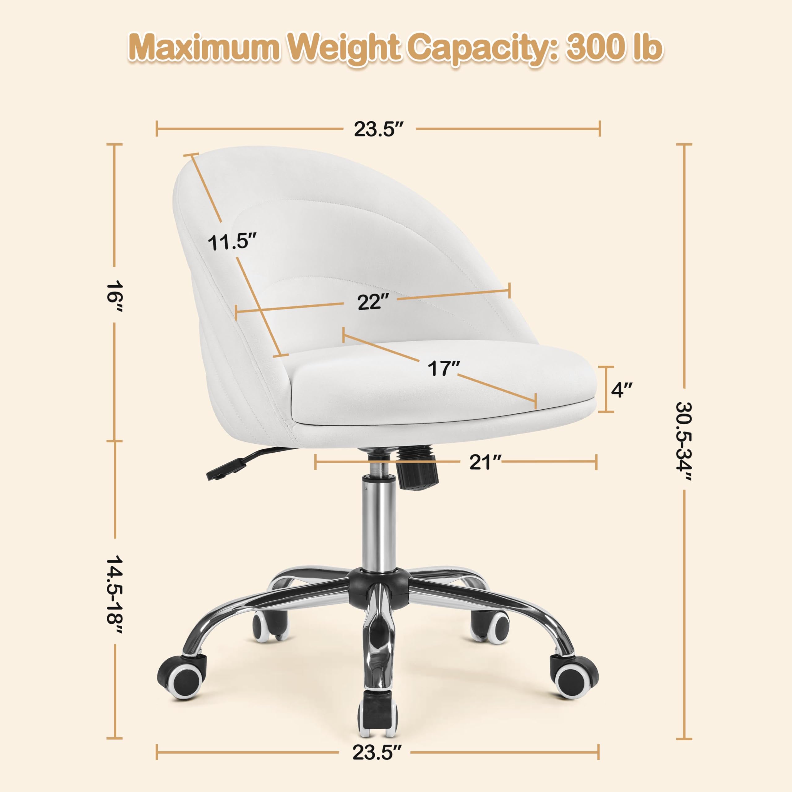 Yaheetech Velvet Cute Desk Chair Armless Office Chair Swivel Vanity Chair with Wheels Adjustable Comfy Desk Chair Soft Rocking Chair for Home Office, Living Room White