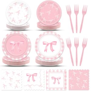 96pcs pink bow party supplies bow birthday party plates and napkins pink bow party decorations for girl bachelorette bridal engagement baby shower coquette cute tableware dinnerware serves 24 guests