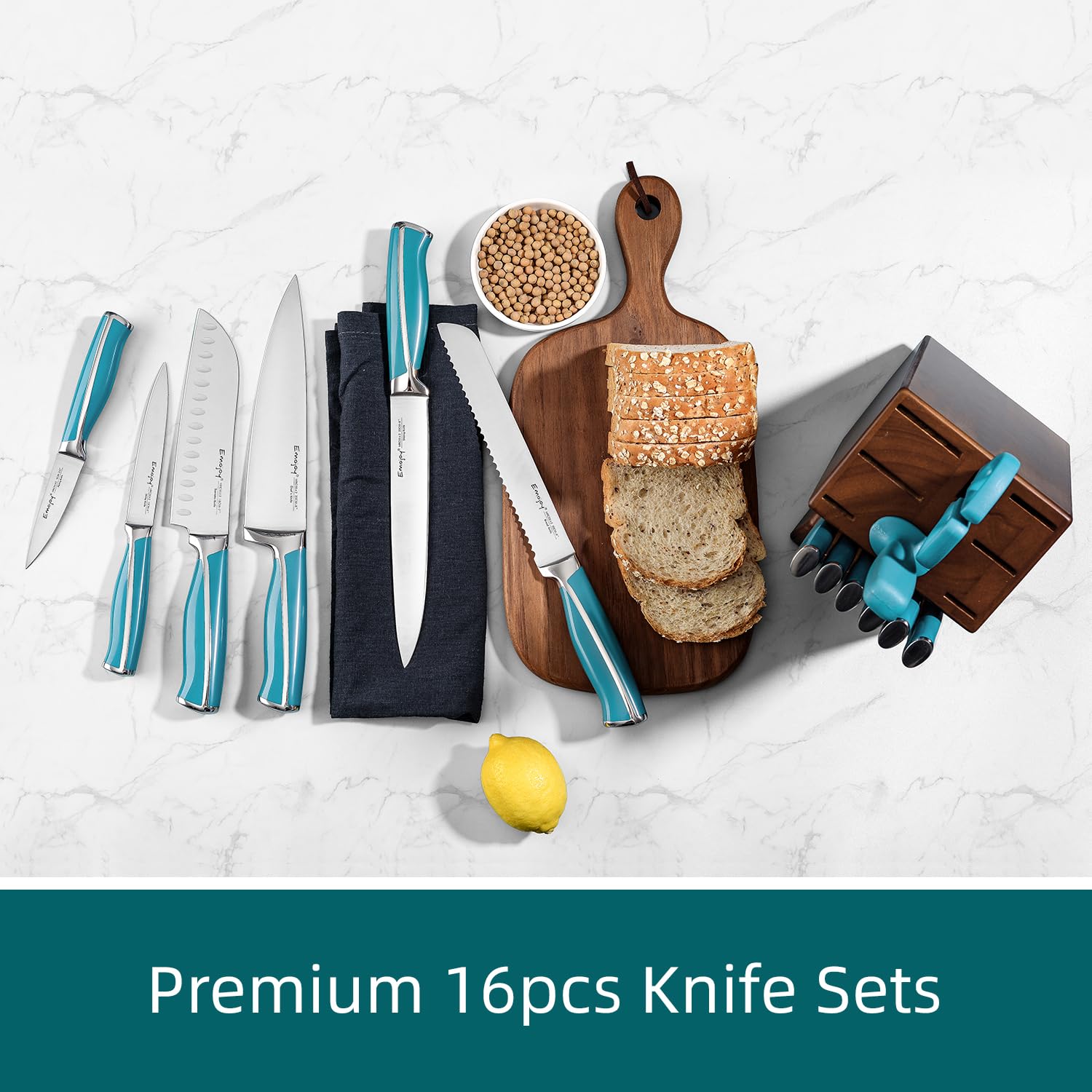 Knife Set, Kitchen Knife Set with Block Wooden, Emojoy 15-Pieces Knife Block Set Stainless Steel Kitchen Knives and Serrated Steak Knives,Blue Chef Knife Set with Sharpener