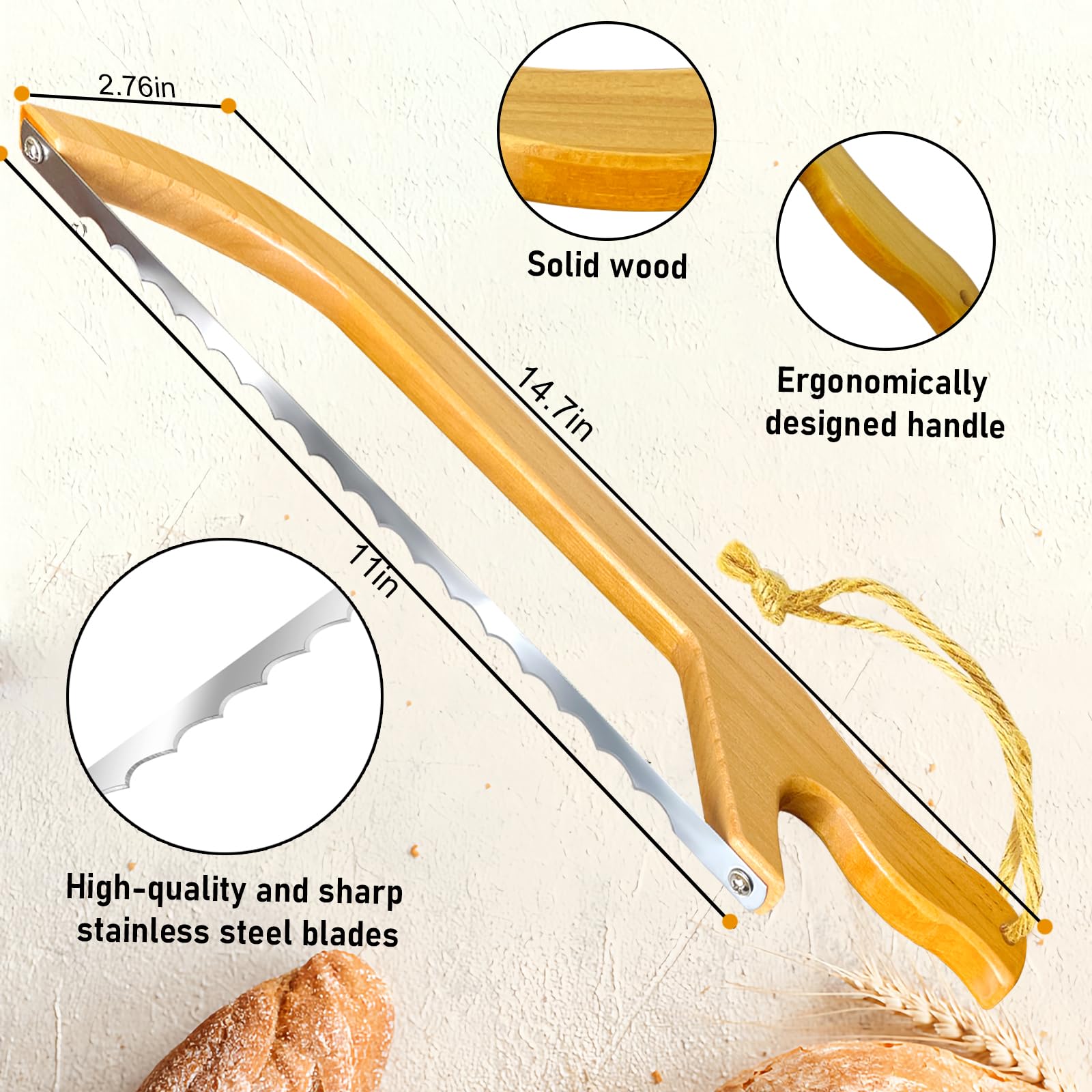 Bread Slicer for Homemade Bread, 15" Wooden Sourdough Bread knife with Bow Design, Premium Stainless Steel Serrated Saw Bread Cutter for Bagels, Baguettes