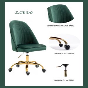 ZOBIDO Comfy Home Office Task Chair with Wheels, Cute Modern Upholstered Velvet Seashell Back Adjustable Swivel Vanity Desk Chair, for Women, for Kids, for Girls, Living Room, Bedroom（Green）