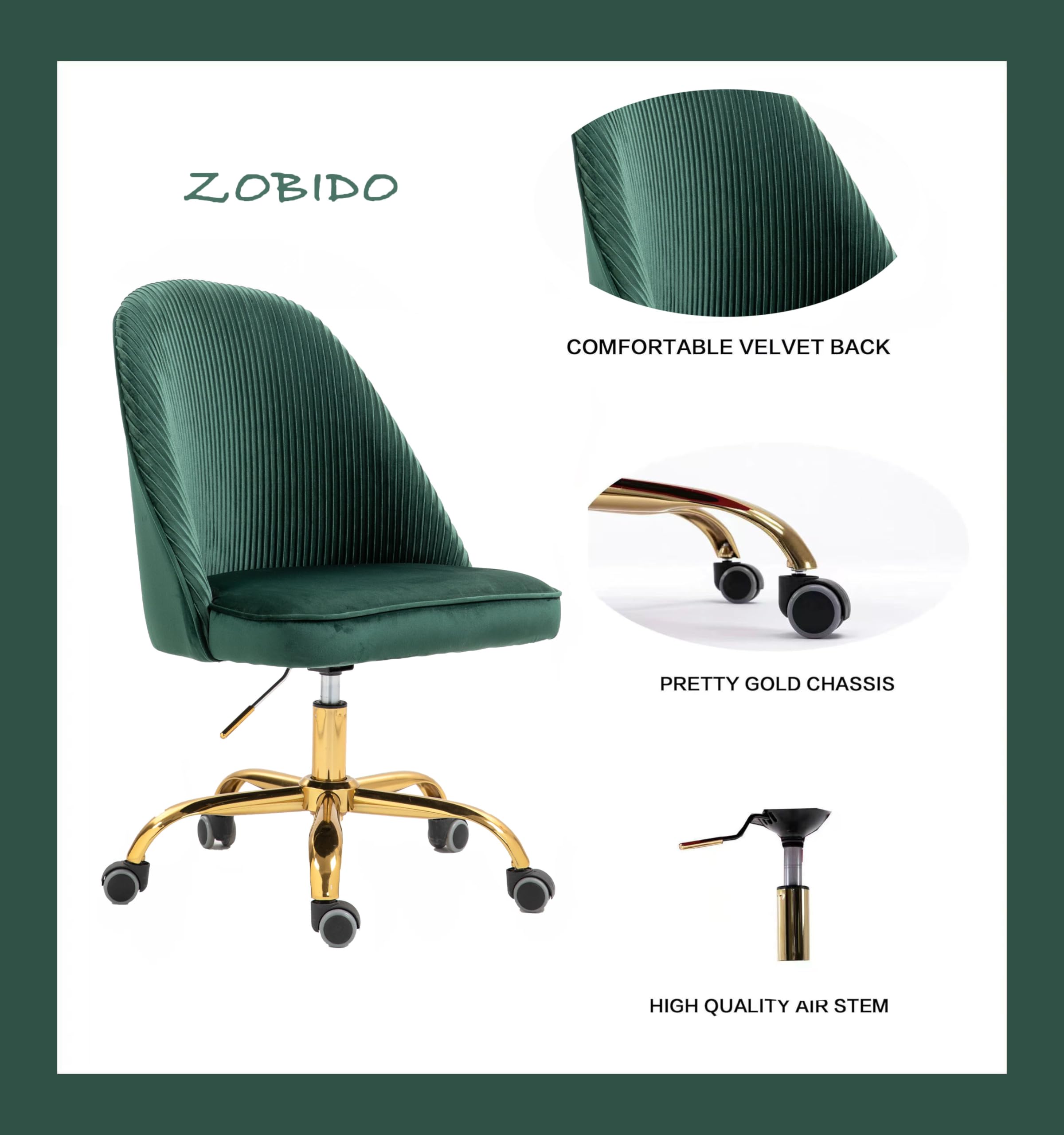 ZOBIDO Comfy Home Office Task Chair with Wheels, Cute Modern Upholstered Velvet Seashell Back Adjustable Swivel Vanity Desk Chair, for Women, for Kids, for Girls, Living Room, Bedroom（Green）