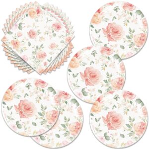 zpmc floral party plates and napkins ， pink spring flower theme party tableware set watercolor floral tea party decorations favors for bridal baby shower plates