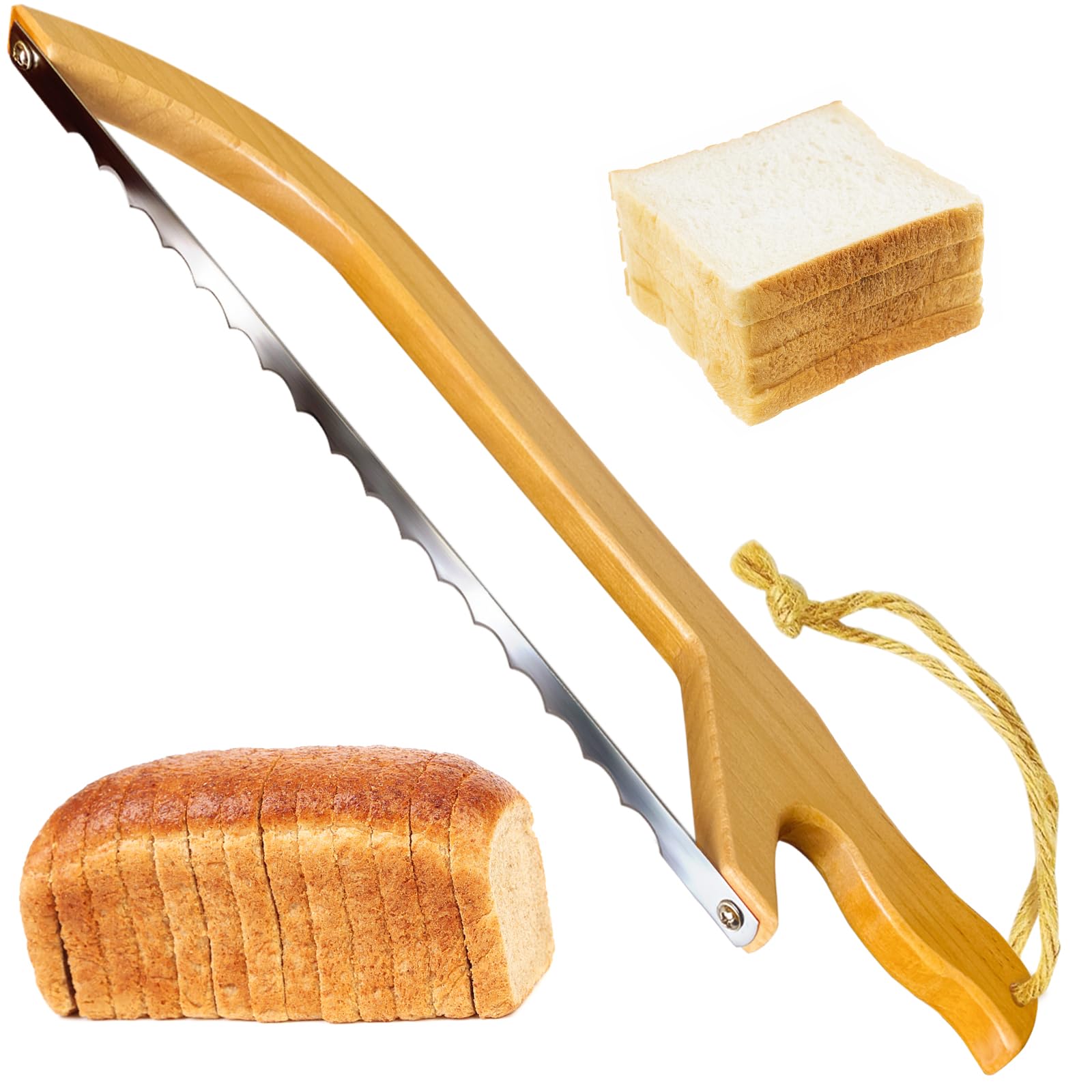 Bread Slicer for Homemade Bread, 15" Wooden Sourdough Bread knife with Bow Design, Premium Stainless Steel Serrated Saw Bread Cutter for Bagels, Baguettes