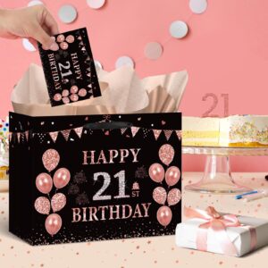 Black Rose Gold 21st Birthday Gift Bag with Happy 21st Birthday Greeting Card and Tissue Paper for Girls Rose Gold 21st Birthday Gift Wrap Bag for 21st Birthday Christmas Party Decorations Supplies