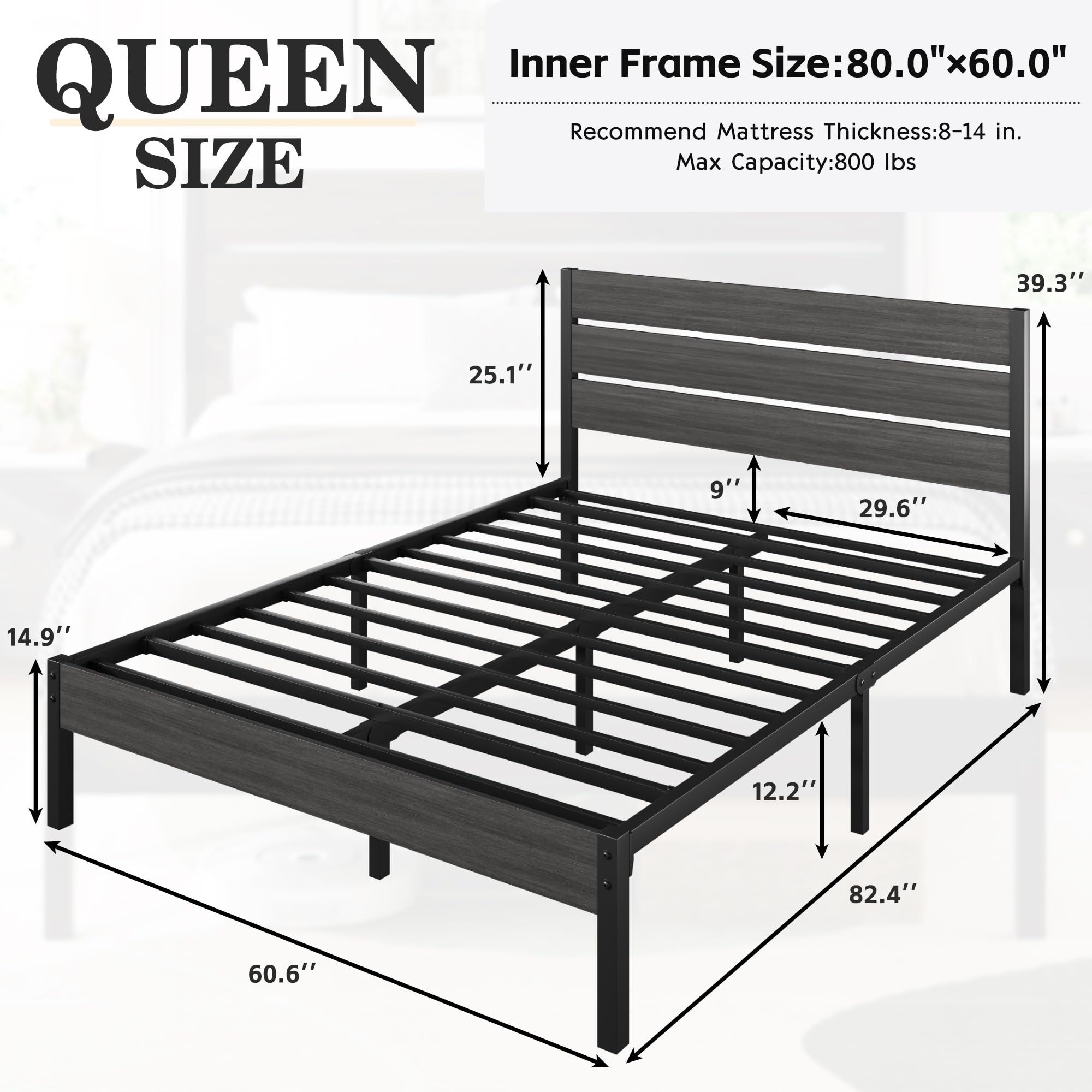 Lifezone Queen Bed Frame with Headboard and Footboard, Metal Queen Bed Frame with Under-Bed Storage, All-Metal Support System, No Box Spring Needed, Easily Assemble, Rustic Grey