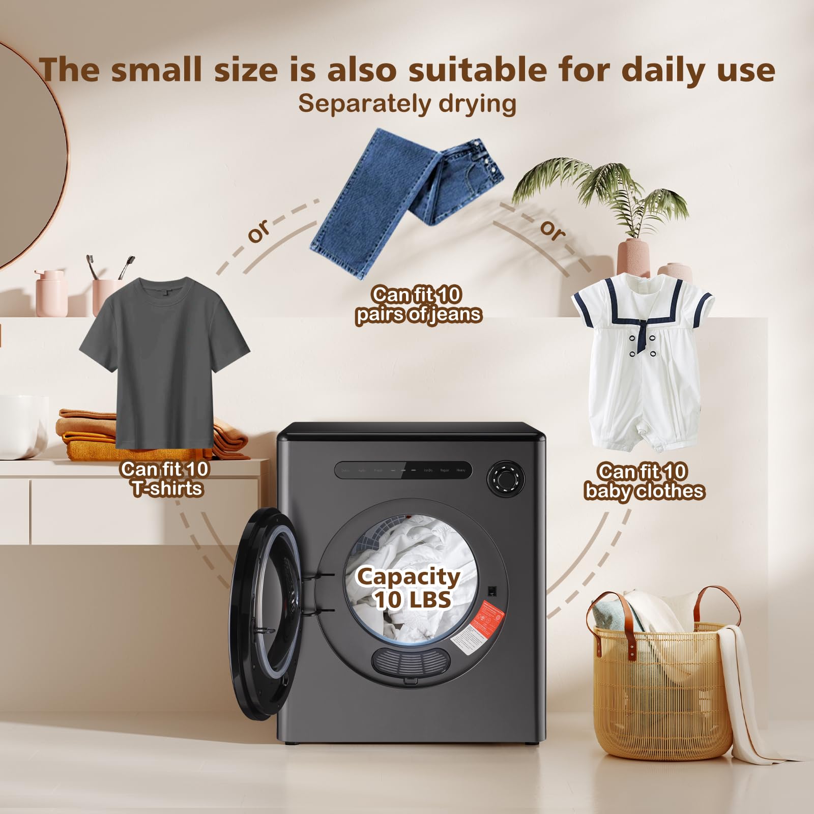 Dessiz 110V 970W Portable Dryer 1.6 cu.ft for Laundry with Exhaust Pipe and Electric Compact Dryers with Stainless Steel Tub, Suitable for Apartments, Dorm, RVs- Grey Auto Stop