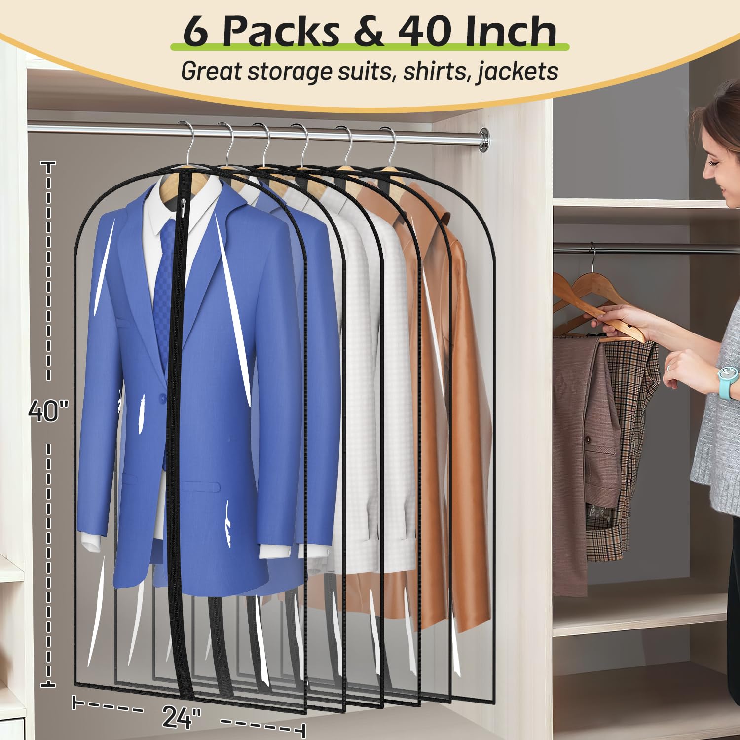 MISSLO All Clear Garment Bags for Hanging Clothes 40" Suit Bags for Closet Storage Plastic Clothes Covers for Shirts, Jackets, Coats, 6 Packs